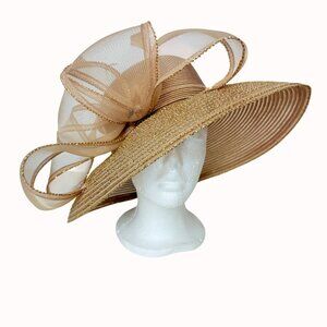 August Accessories Golden Hat Wide Brim Sheer Bow Feather Shimmer Formal Fashion